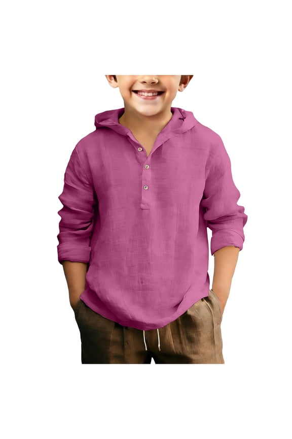 Hoodied Henley Shirts for Boys Long Sleeve School Shirt with Buttons Casual Beach Jacket Tshirts Dark Purple Size 13-14 Years