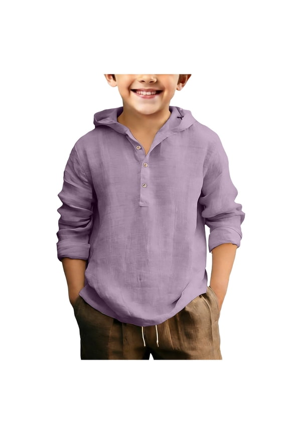 Hoodied Henley Shirts for Boys Long Sleeve School Shirt with Buttons Casual Beach Jacket Tshirts Purple Size 10-11 Years