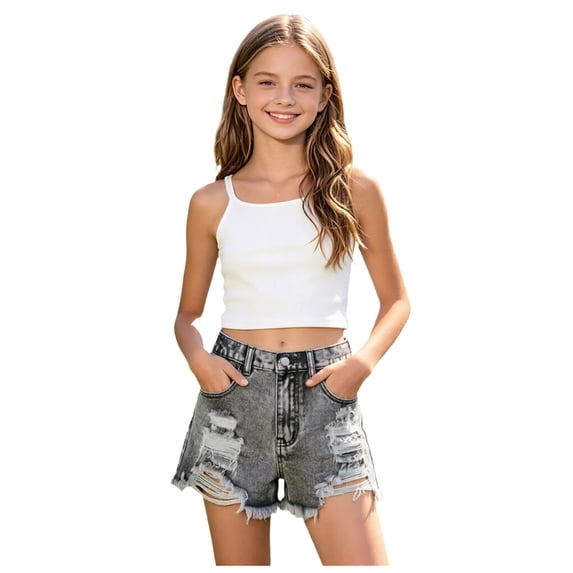 Tigivemen Jeans for Teen Girls Trendy Ripped Shorts Vintage High Waist Denim Shorts with Elastic Waistband Grey 7-8 Years