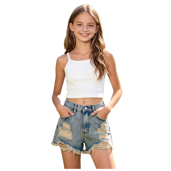 Tigivemen Jeans for Teen Girls Trendy Ripped Shorts Vintage High Waist Denim Shorts with Elastic Waistband Navy 8-9 Years