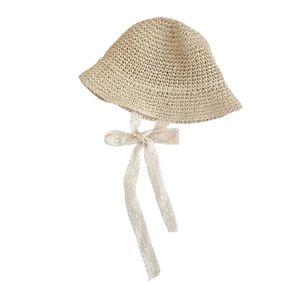Tigivemen Lace Straw Sun Hat for Baby Girl Summer Bucket Hat Outdoor Beach Sunhats Adjustable Wide Brim Cap Beige Size 1-3 Years