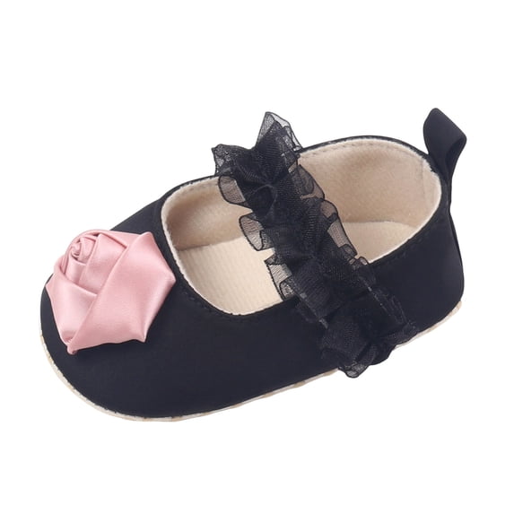 Tigivemen Newborn Shoes for Girls Flat Baby Mary Jane Shoes Stylish Walking Sneakers with Flower Black Size 3