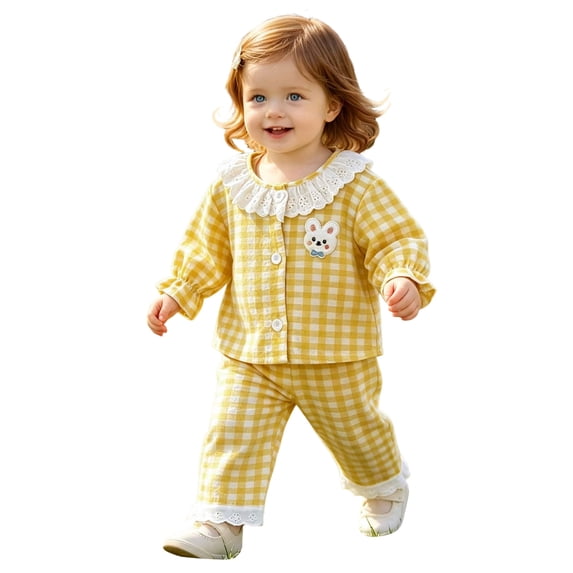 Tigivemen Plaid Long Sleeve Set Baby Girl Clothes Fall Outfit for Toddlers Soft Comfy Button Down Shirts with Elastic Waist Pants Yellow Size 5-6 Years