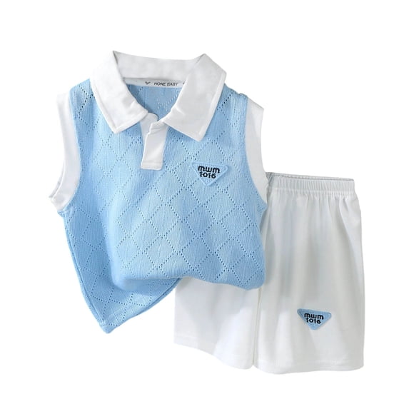Tigivemen Sleeveless Knitted Sweater Set Toddler Baby Boy Clothes Summer Outfits Lapel T Shirts with Elastic Waisted Shorts Sky Blue,2-3 Years