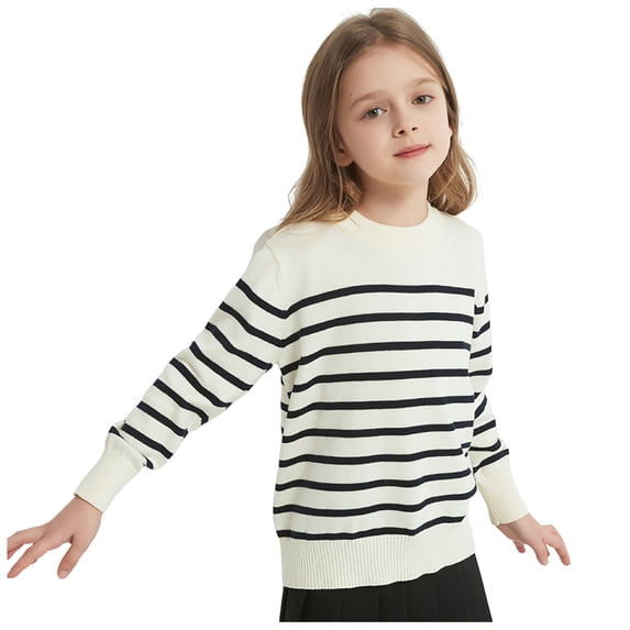 Tigivemen Striped Knitted Pullover Tops Long Sleeve Fall Winter Clothes Crewneck Sweaters for Girls Size 9-10 Years,Beige