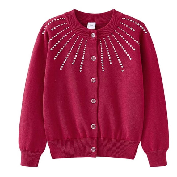 Tigivemen Toddler Girl Sweaters Rhinestone Knitted Cotton Cardigan Jacket with Buttons Size 4-5 Years,Red