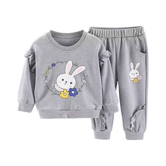 Tigivemen Toddler Girls Fall Clothes Long Sleeve Outfits Baby Girl Clothes Kids Printed Sweatshirt Pant and Top Set Grey Size 5-6 Years