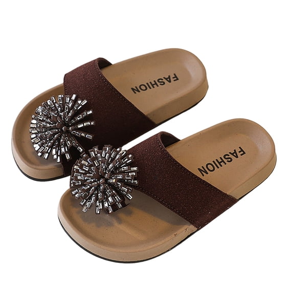 Tigivemen Toddler Sandals for Kids Girls Rhinestone Flower Flip Flops Stylish Open Toe Sandal Summer Beach Thong Sandals Coffee Size 6