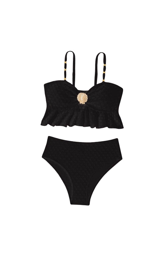 Girls 2 Piece Swimsuits Metallic Shell Bikini Sets Stylish Bathing Suits for Teens Summer Girls' Swimwear Black,5-6 Years