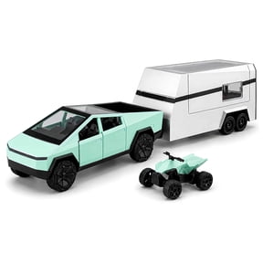 Tigozz 1:36 Cybertruck Pickup and Camper Trailer Toy Set with Mini Quad Bike, Pull-Back Action, Opening Doors, Lights and Sounds, Green