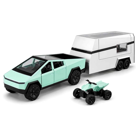 Tigozz 1:36 Cybertruck Pickup and Camper Trailer Toy Set with Mini Quad Bike, Pull-Back Action, Opening Doors, Lights and Sounds, Green