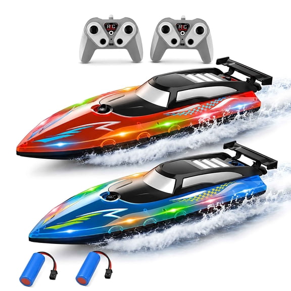 Tigozz 2 Pack RC Boats for Kids, Red and Blue LED Remote Control Racing Boats, 2.4GHz Controllers for Pool and Lake, 2 Batteries Included