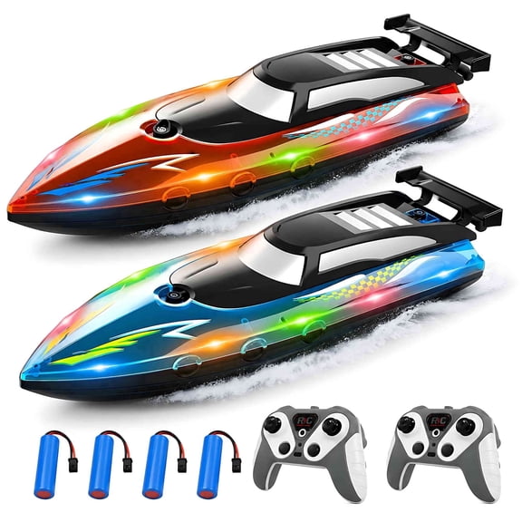 Tigozz 2 Pack RC Boats for Kids and Adults with 2.4GHz Remote Control Boat Set LED Lights Waterproof Hull and 4 Batteries Included