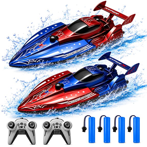 Tigozz 2 Pack Remote Control Boats for Kids, 2.4GHz RC Racing Boats with Low Battery Alert, Dual Motors, 4 Rechargeable Batteries for Pools & Lakes
