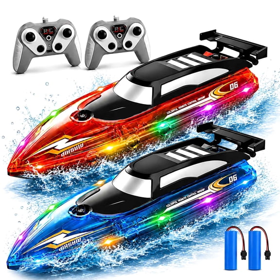 Tigozz 2-Pack Remote Control Speedboats with 2.4GHz Pairing, Multicolor LED Lights, Water Spray Effects and 2 Power Packs, Kids Ages 6+