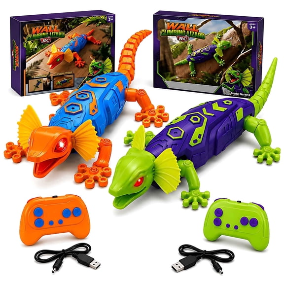 Tigozz 2-Pack Remote Control Wall-Climbing Gecko Toys, Rechargeable Robot Lizards with LED Eyes, Floor Mode, Green and Orange, Kids Ages 3+