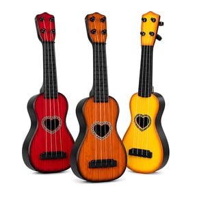 Tigozz 3-Pack Kids Mini Guitar Toys, 14.6-Inch 4-String Ukulele-Style Pretend Play Musical Instruments, Brown, Red and Yellow, Ages 3 and Up