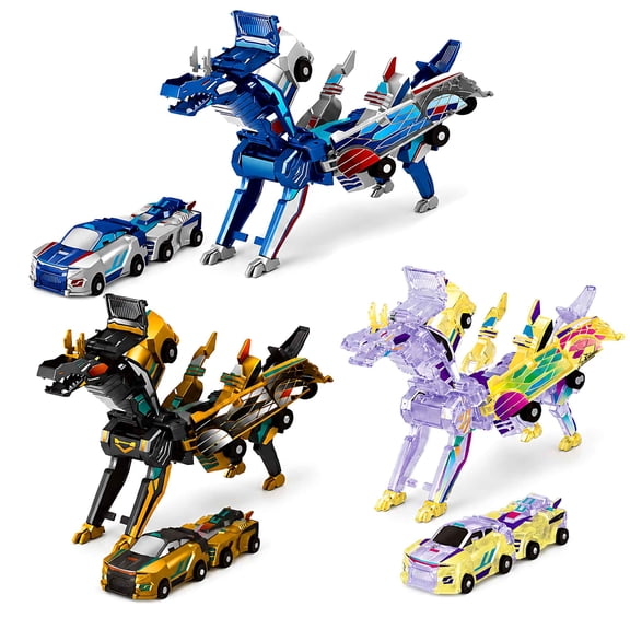 Tigozz 3 Pack Transforming Dinosaur Toys, Magnetic Collision Car Set, 2-in-1 Race Cars to Wing Dragon, No Battery Gift for Kids Ages 3-8