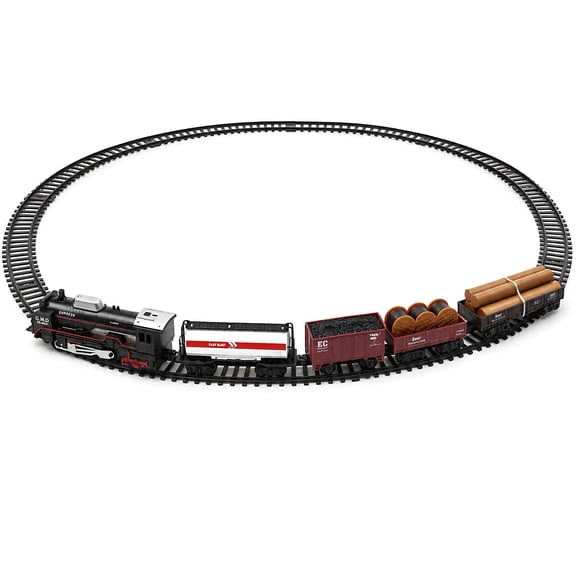 Tigozz Battery Operated Freight Train Set for Kids with Light-Up Locomotive, 4 Cargo Cars, 20 Track Pieces, 63 x 26.4-Inch Railway