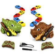 Tigozz Dinosaur Remote Control Car Set for Kids Ages 3+, 2 RC Dino Trucks, 2 Controllers, 12 Magnetic Mini Cars, Music and Lights, Green and Brown