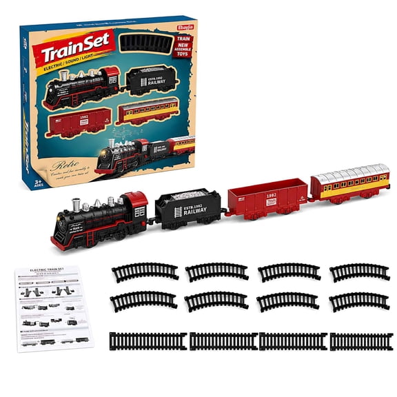 Tigozz Electric Train Set for Kids Ages 3 and Up, Retro Railway Toy with Light, Sound, 4-Piece Train and Straight Tracks