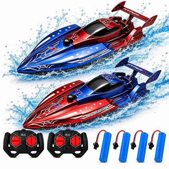Tigozz RC Boat 2 Pack, Red Blue Spider Style Racing Set With 4 Batteries and 2.4GHz Controllers for Pool Lake Backyard Water Play for Kids