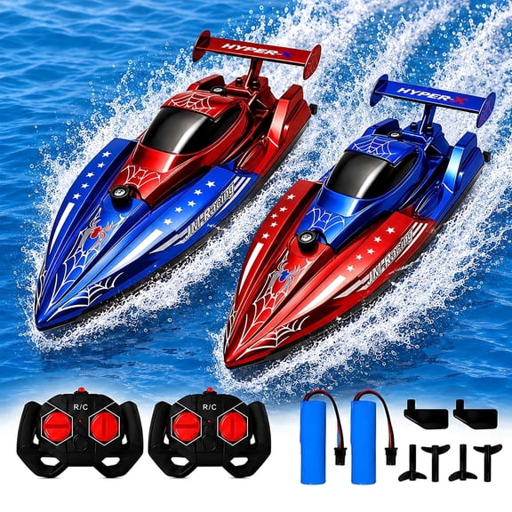 Tigozz RC Boat 2 Pack, Red and Blue Spider-Style Remote Control Racing Toys with 2 Rechargeable Batteries for Pool, Lake and Backyard Play, Ages 6+