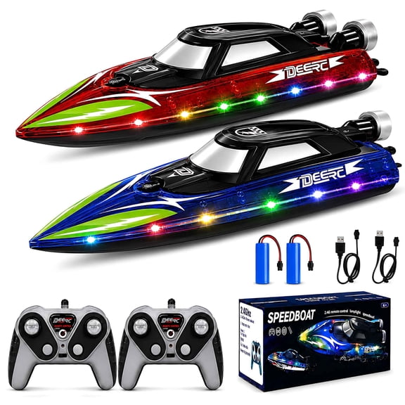 Tigozz Remote Control Boat for Pools, Red and Blue Remote Boats Set with LED Lights, 2 Batteries, Water Sensor, 2.4GHz Toy Gift Ages 6+
