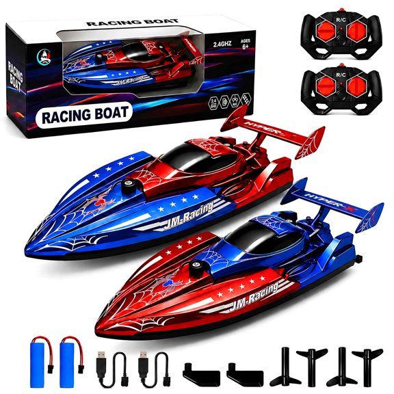 Tigozz Remote Control Boats 2 Pack, 2.4GHz Red and Blue Spider RC Racing Boat Set with 2 Batteries, Pool and Lake Water Toys for Kids Ages 6+