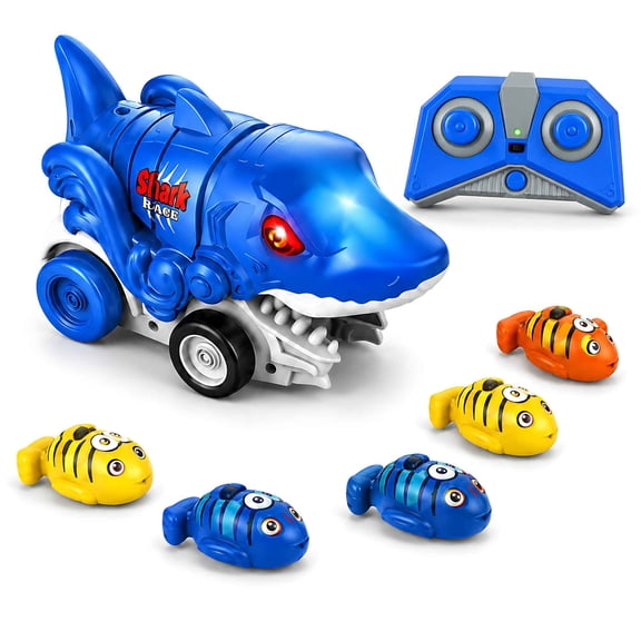 Tigozz Remote Control Shark Car Toy with Magnetic Fish Catching Game, USB Rechargeable RC Vehicle with LED Eyes, 6 Fish, Gift for Kids Ages 3+