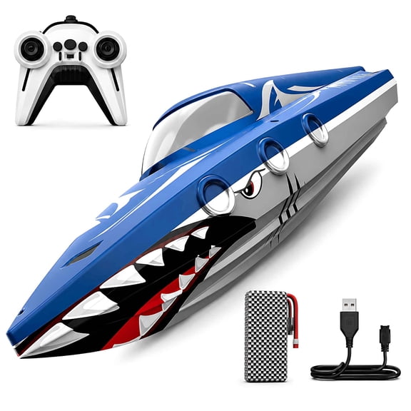 Tigozz Shark RC Boat for Kids Ages 8 and Up, 1:36 Scale 2.4GHz Remote Control Speedboat with Dual Propellers, 15 km/h, 40 m Range, 1 Battery