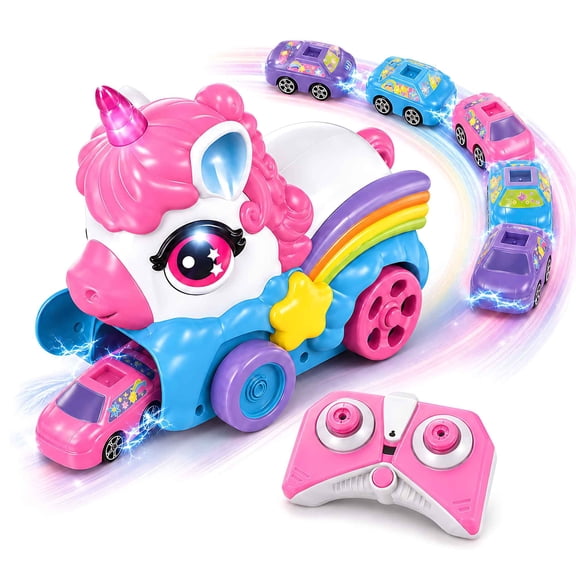 Tigozz Unicorn Remote Control Car Toy with 6 Magnetic Mini Cars, 2.4GHz Dual Joystick RC, Lights & Sounds, USB Rechargeable Gift for Kids 3+