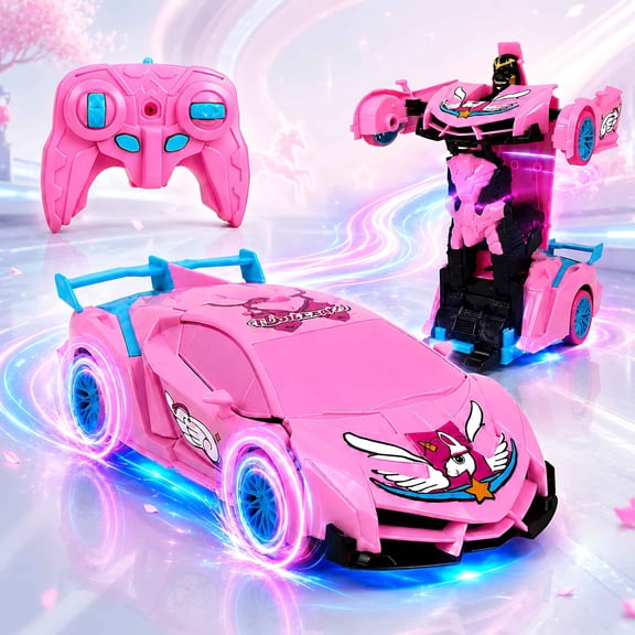 Tigozz Unicorn Remote Control Car for Girls, 2-in-1 Pink Transforming Robot Toy, Lights, 360 Rotation, 2.4GHz, Rechargeable, Ages 3+
