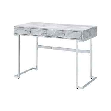 Tigress Writing Desk, White Printed Faux Marble & Chrome Finish 92615