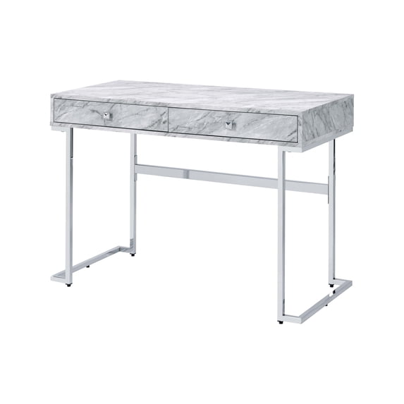 Tigress Writing Desk, White Printed Faux Marble & Chrome Finish 92615