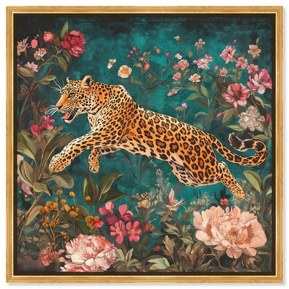 Tigris in a Floral Haven Canvas Chinoiserie Art by Art Remedy, Gold Frame, 24" x 24"