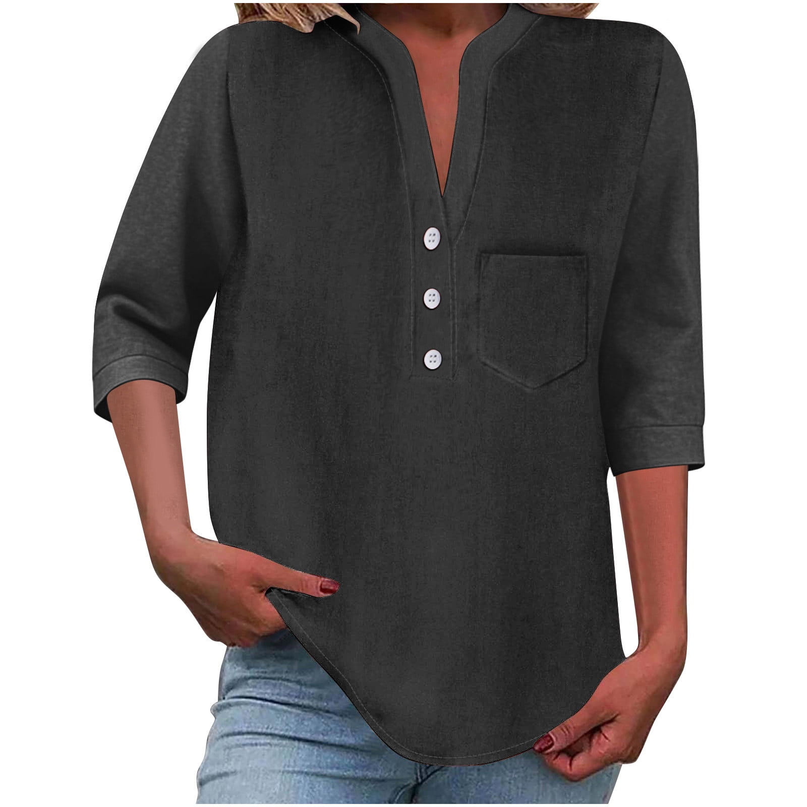 Tii.MM Women's 3/4 Length Sleeve Tops Plus Size V Neck Half Button ...