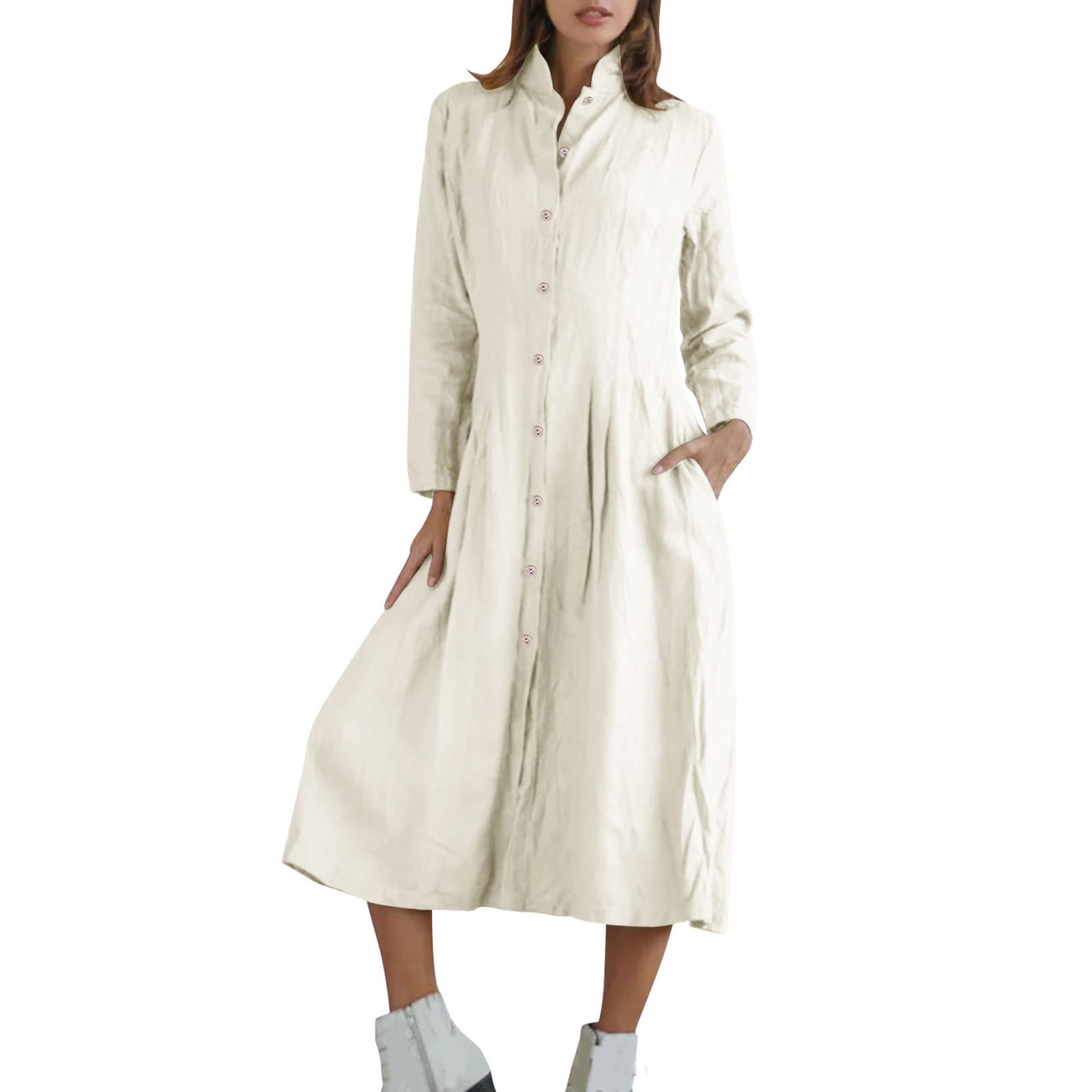Ekaliy Women's Collar V-Neck Shirt Dress – Cotton Blend Puff Sleeve Midi Dress, Loose Fit, Oversized Style