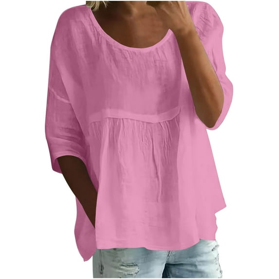 Tii.MM Women's Cotton Linen Tops 3/4 Sleeve Crew Neck Solid Color Babydoll T Shirts Casual Loose Tunic Blouses(Pink,Medium)