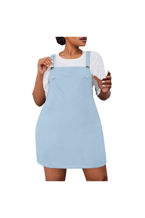 Tii.MM Women's Plus Size Overall Dress Lounge Straps Neck Sleeveless Casual Loose Short Dress with Pocket