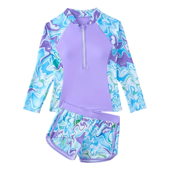 Tiijoy 2-Piece Swimsuit for Girls Long Sleeve Rash Guard Shorts UPF 50+ Bathing Suit, Sizes 7-14