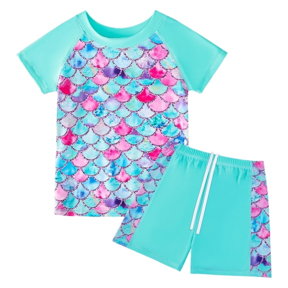 Tiijoy 2-Piece Swimsuit for Girls Scale Print Short Sleeve Rash Guard Shorts Swimming Suit, Sizes 4-12