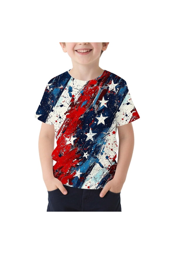 4th of July T-Shirt for Boys Star Print Short Sleeve Crew Neck T Shirt, Sizes 1-13