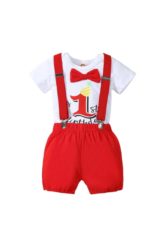 Baby Boy First Birthday Outfits Summer Short Sleeve Romper Suspenders Shorts Set
