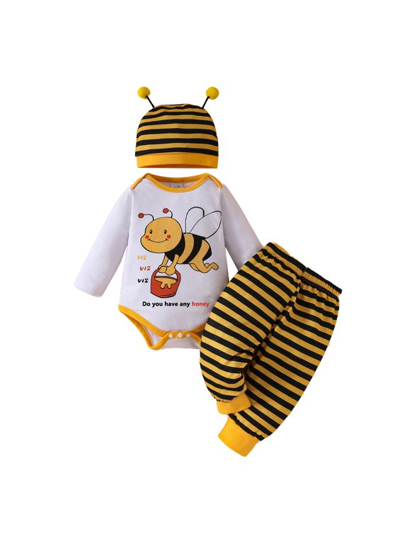 Baby Boys Cute Bee Long Sleeve Romper Striped Pants Hat Outfits, Sizes 0-18 Months