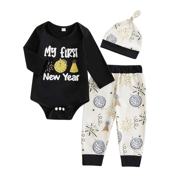 Tiijoy Baby Boys New Year Outfits Cotton Long Sleeve Romper Pants Hat 3Pcs Set, Sizes 9-12M