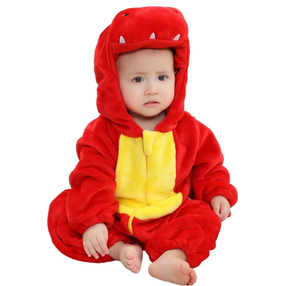 Tiijoy Baby Dinosaur Jumpsuit Flannel Warm Hooded Onesie Union Suit Pajama, Sizes 0-6M