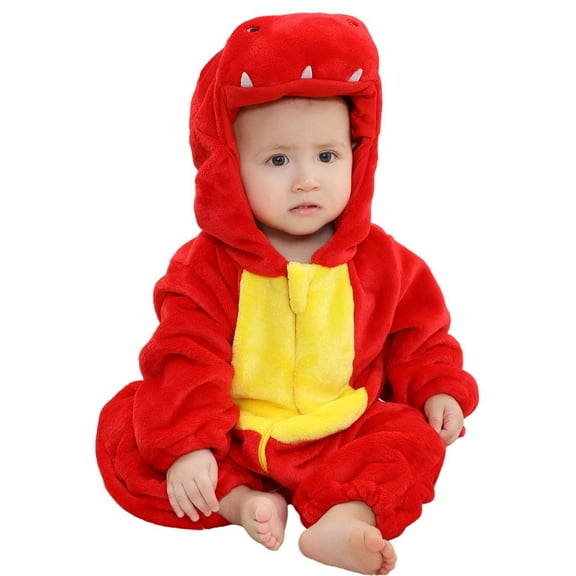 Tiijoy Baby Dinosaur Jumpsuit Flannel Warm Hooded Onesie Union Suit Pajama, Sizes 12-18M