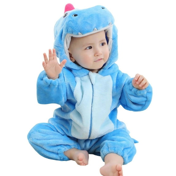Tiijoy Baby Dinosaur Jumpsuit Flannel Warm Hooded Onesie Union Suit Pajama, Sizes 12-18M