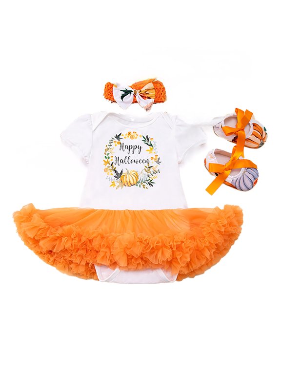 Baby Girl Halloween Cartoon Pumpkin Tutu Dress Shoes Headband 3PCS Set, Sizes 6-12M